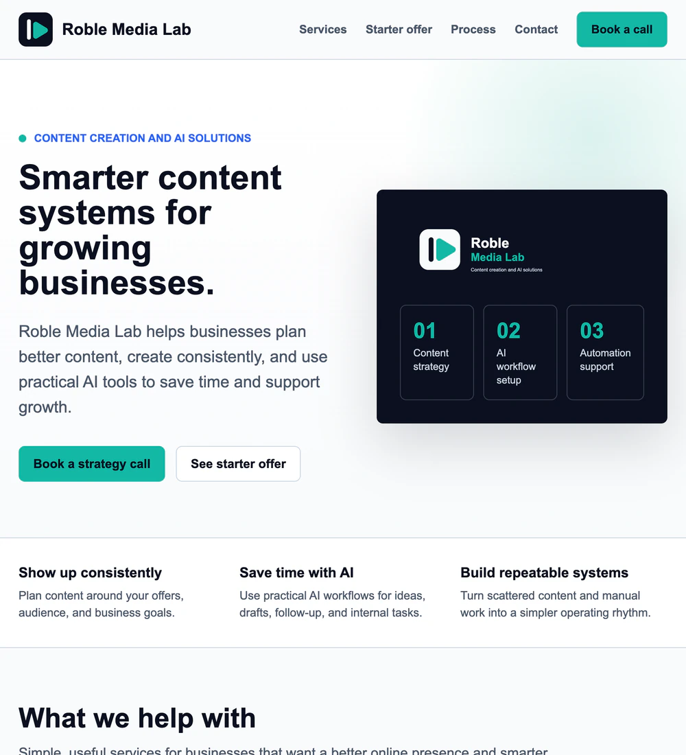 The first version of the Roble Media Lab site, a single static landing page