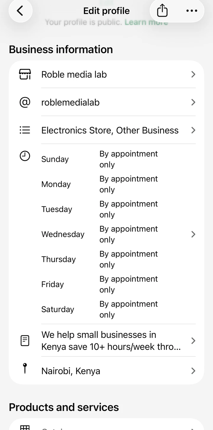 The Edit profile screen in WhatsApp Business showing business name, username, category, opening hours for each day of the week, a business description and a Nairobi, Kenya location