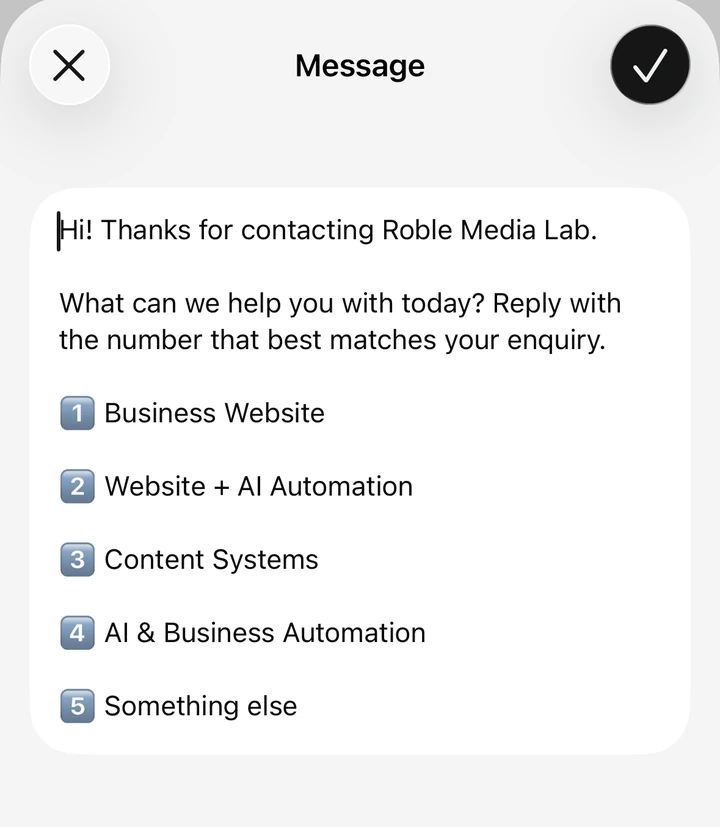 The greeting message editor showing a welcome line followed by a numbered menu of five service options a customer can reply to